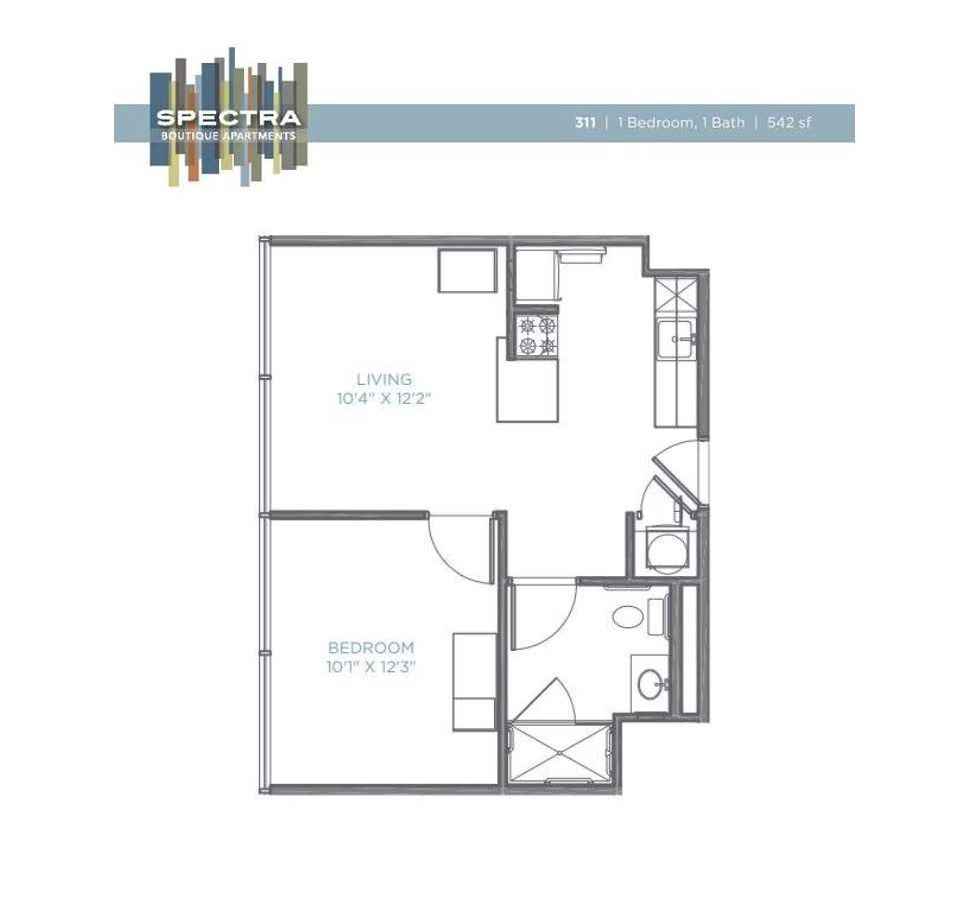A black and white floor plan of a single bedroom apartment.