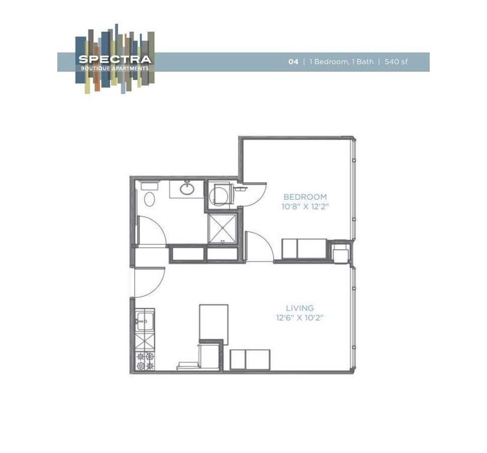 A black and white floor plan of a single bedroom apartment.
