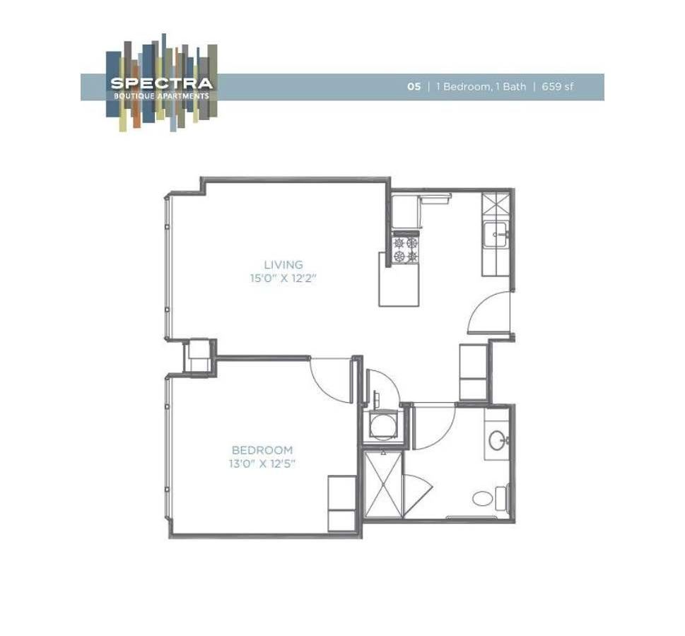 A black and white floor plan of a single bedroom apartment