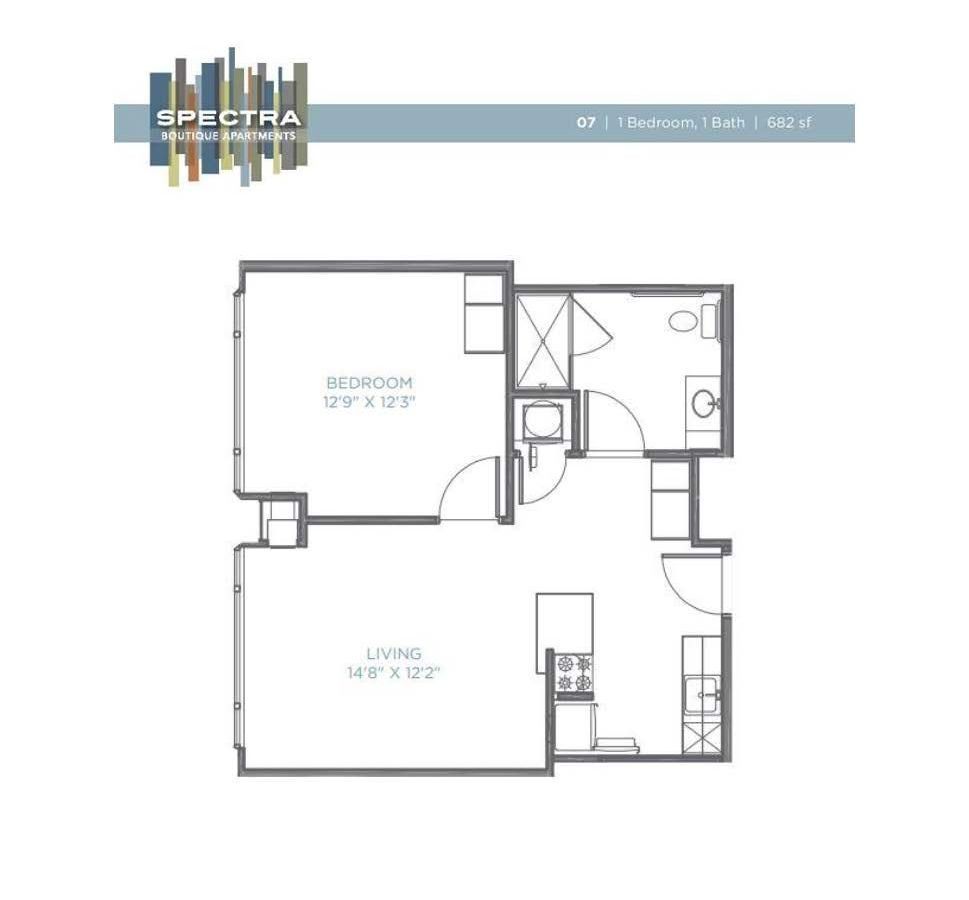 A black and white floor plan of a single bedroom apartment.