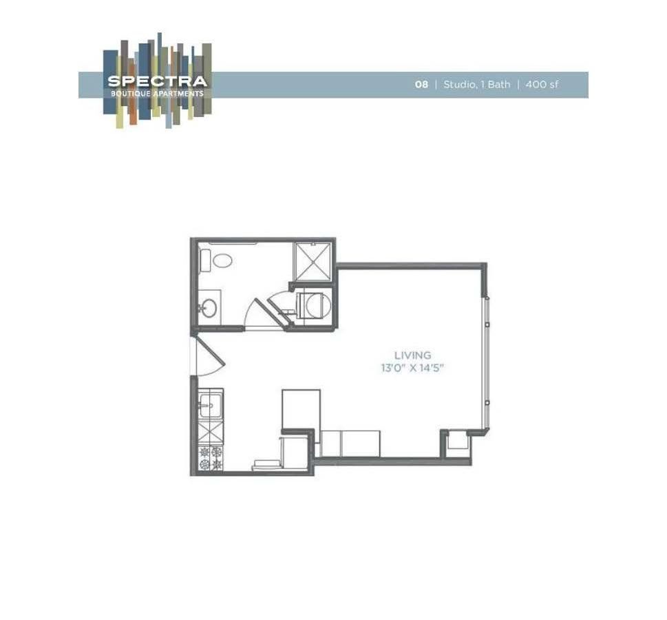 A floor plan of a small apartment with a bedroom , kitchen , and bathroom.