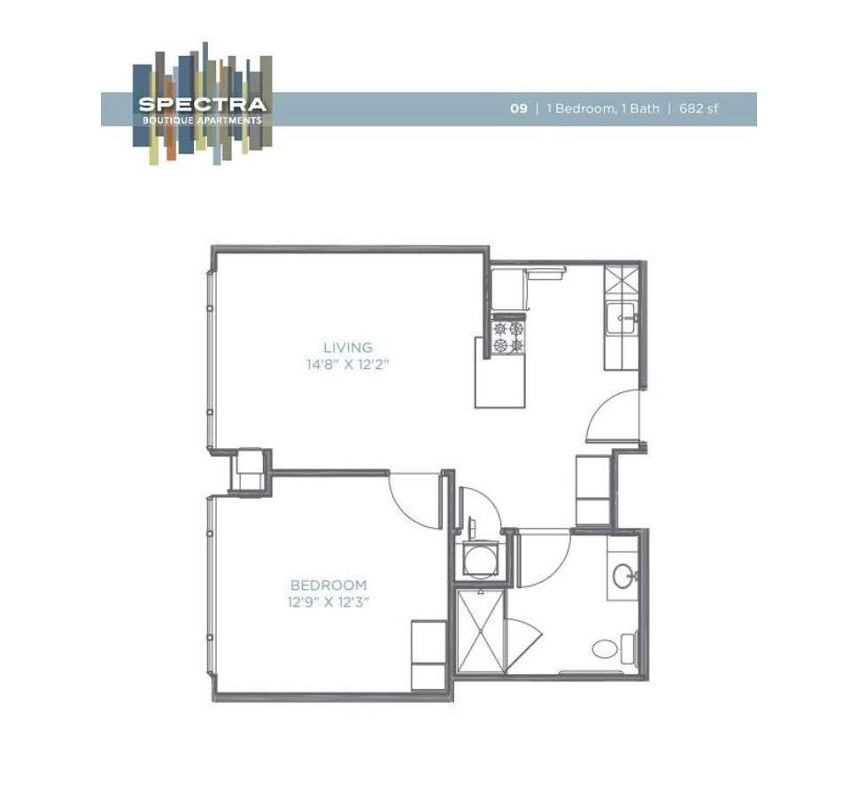 A black and white floor plan of a single bedroom apartment