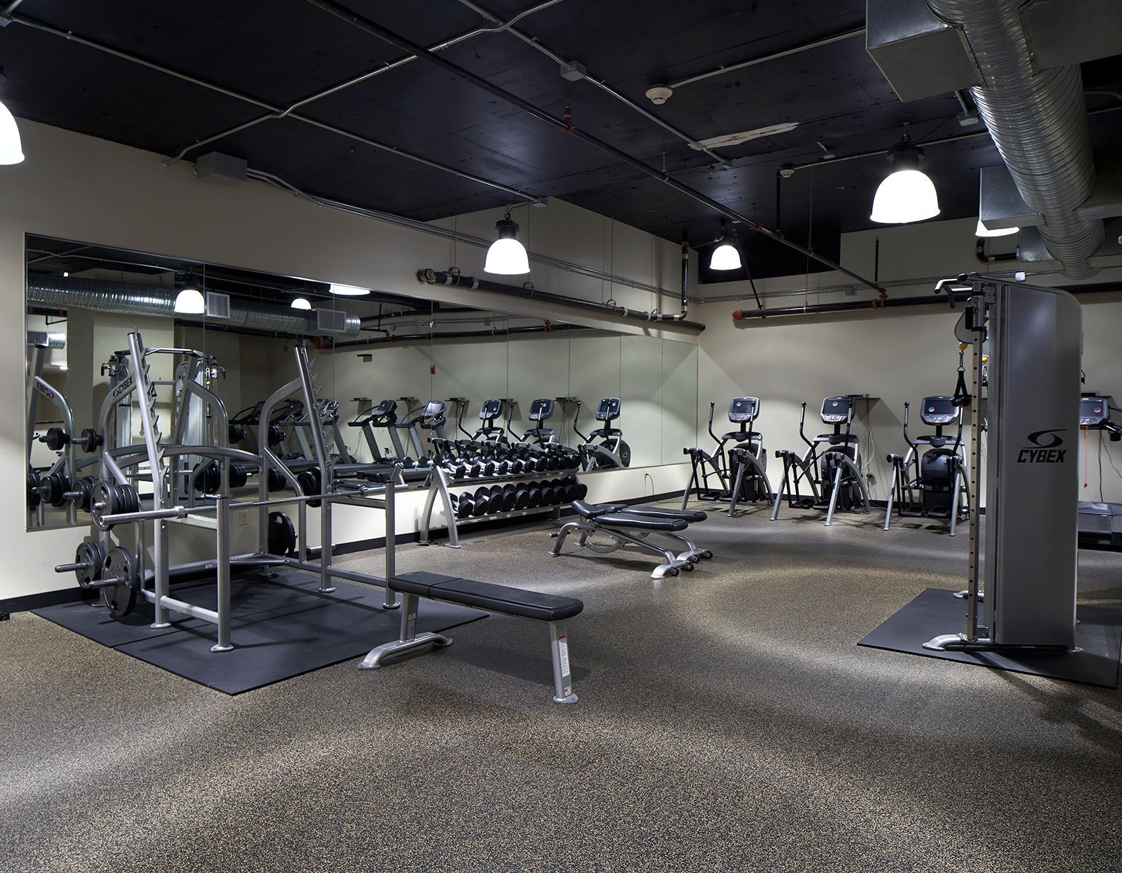 A gym with a lot of equipment and a bench