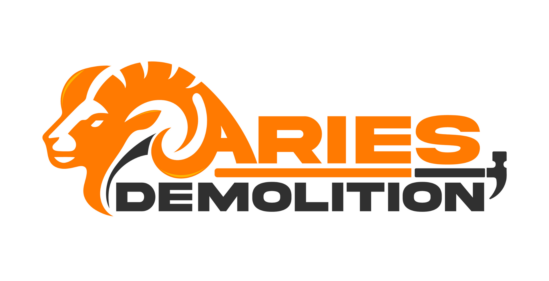 Logo for Aries Demolition. An orange ram's head over the text 