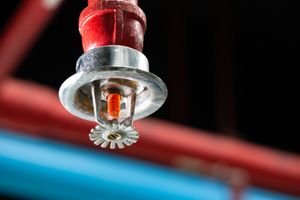 A fire sprinkler is hanging from the ceiling of a building.