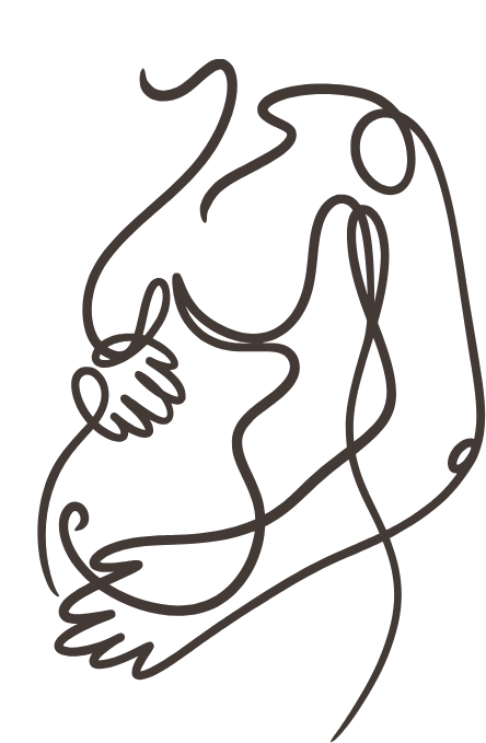 Line drawing of a person holding a pregnant belly; arms embrace the form, showing intimacy.