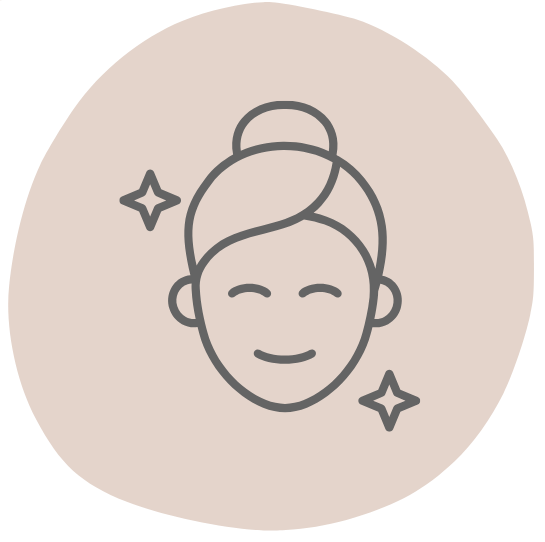 A smiling face with a bun in a pink circle, with two stars, suggesting skincare.
