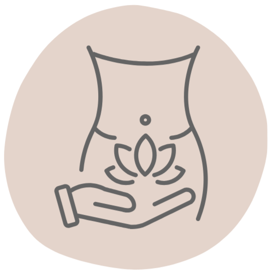 Outline of a torso with hands holding a lotus flower, light pink background.