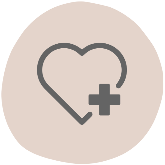Grey heart icon with a plus sign, on a light pink background.