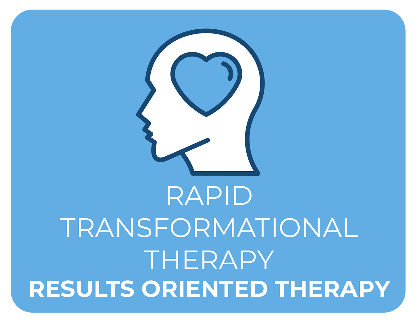 Blue square with a head silhouette, heart in brain, and text: Rapid Transformational Therapy, Results Oriented Therapy.