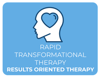 Blue square with a head silhouette, heart in brain, and text: Rapid Transformational Therapy, Results Oriented Therapy.
