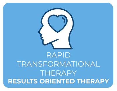 Blue square with a head silhouette, heart in brain, and text: Rapid Transformational Therapy, Results Oriented Therapy.