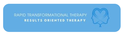 Blue banner with text: Rapid Transformational Therapy, Results Oriented Therapy; logo with two profiles in a heart.