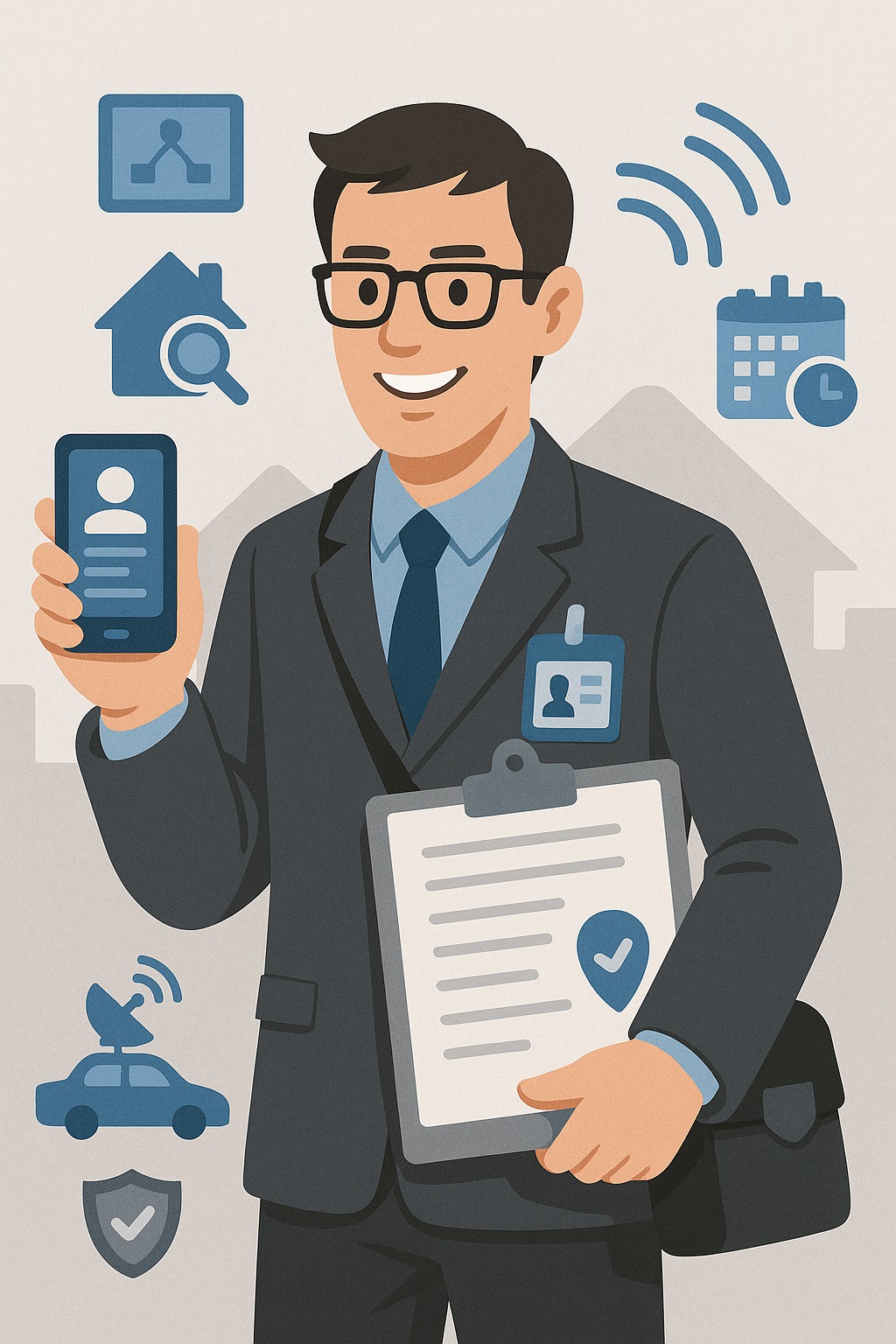 Man in suit holding phone and clipboard, surrounded by security icons.