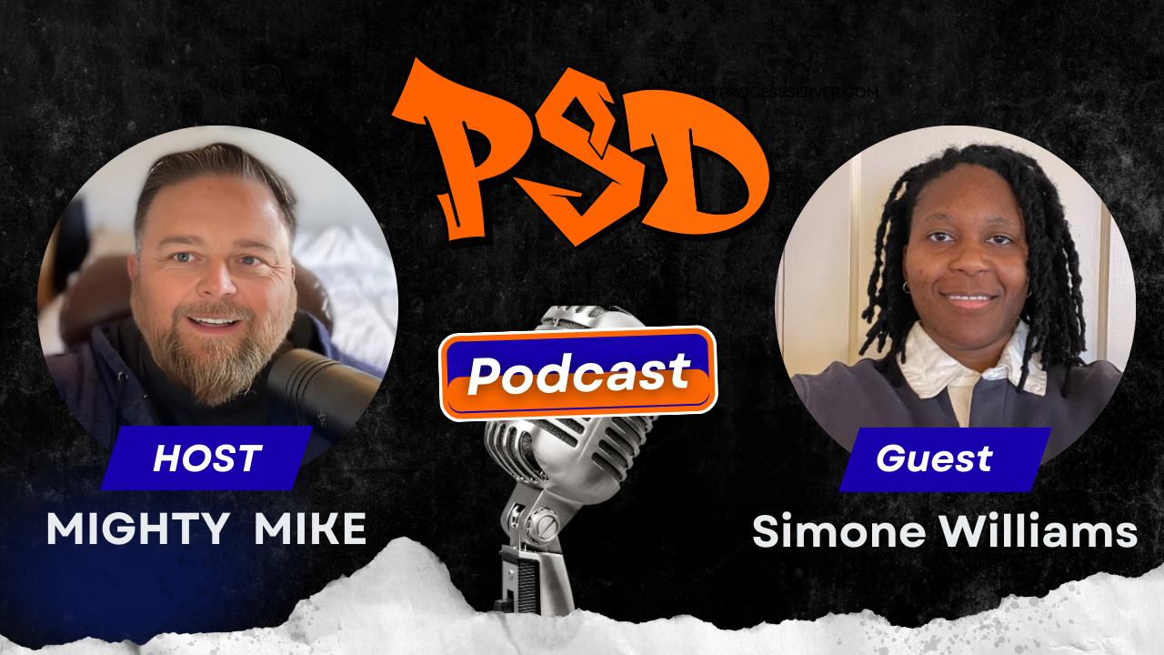 A man discussing who can be served legal documents. A person attempts service at a door.