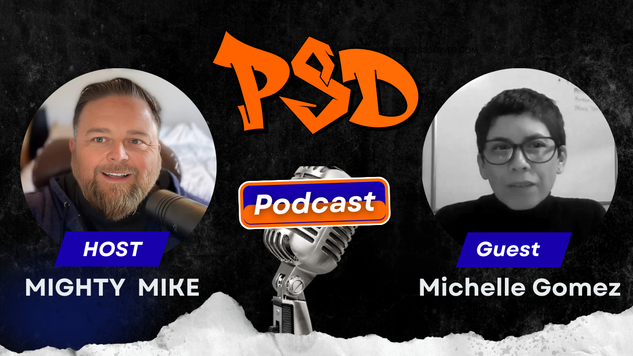 A man discussing who can be served legal documents. A person attempts service at a door.