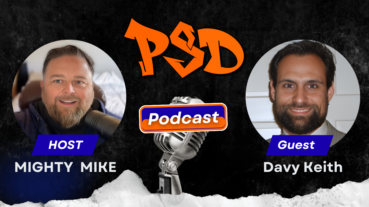 A man discussing who can be served legal documents. A person attempts service at a door.