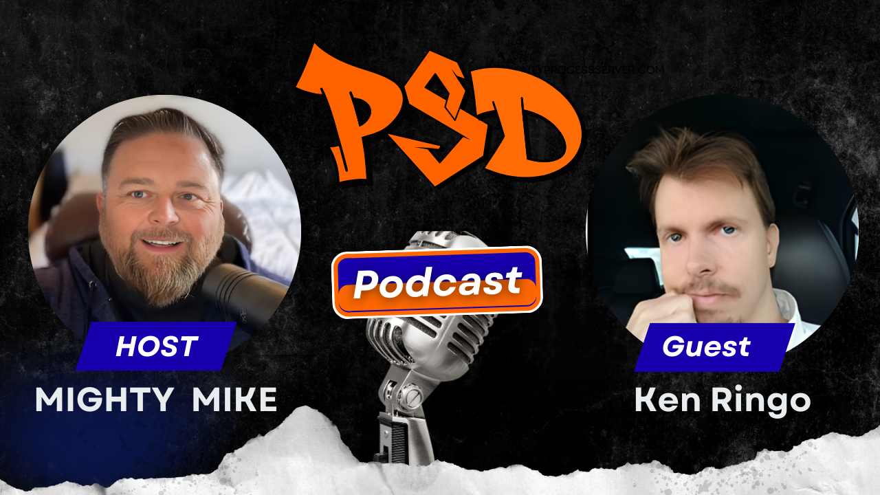 A man discussing who can be served legal documents. A person attempts service at a door.