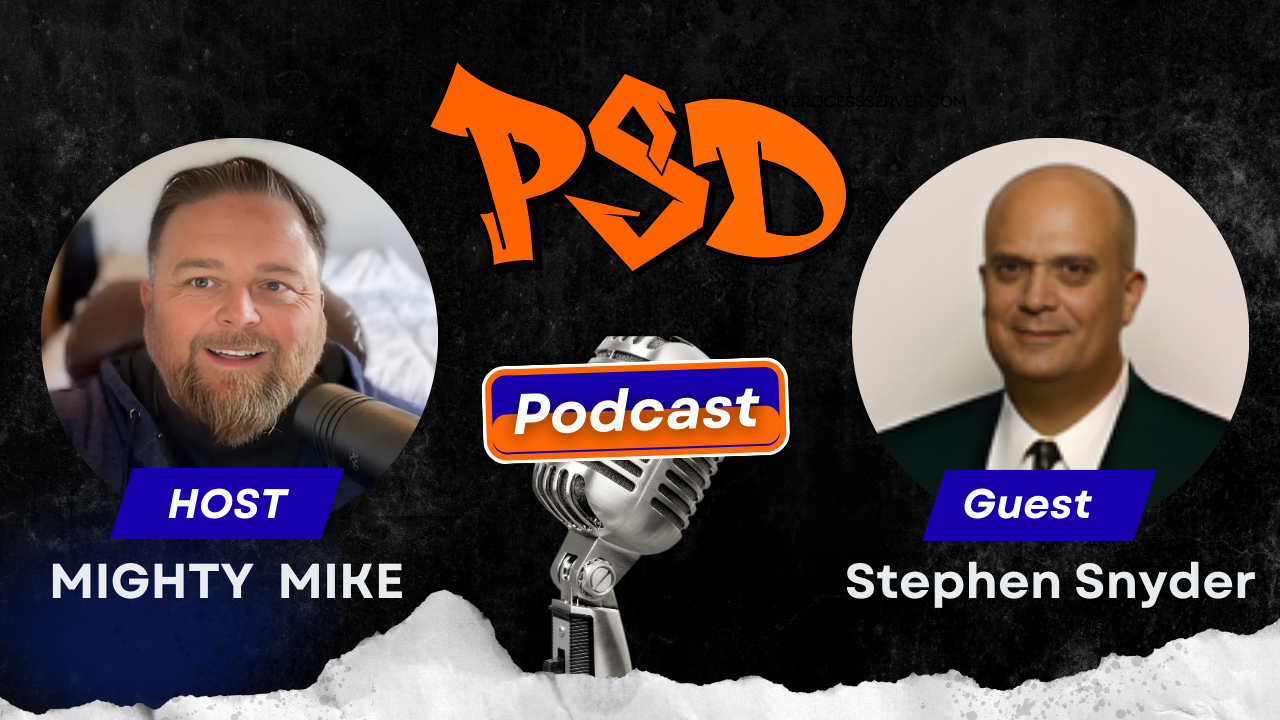 A man discussing who can be served legal documents. A person attempts service at a door.