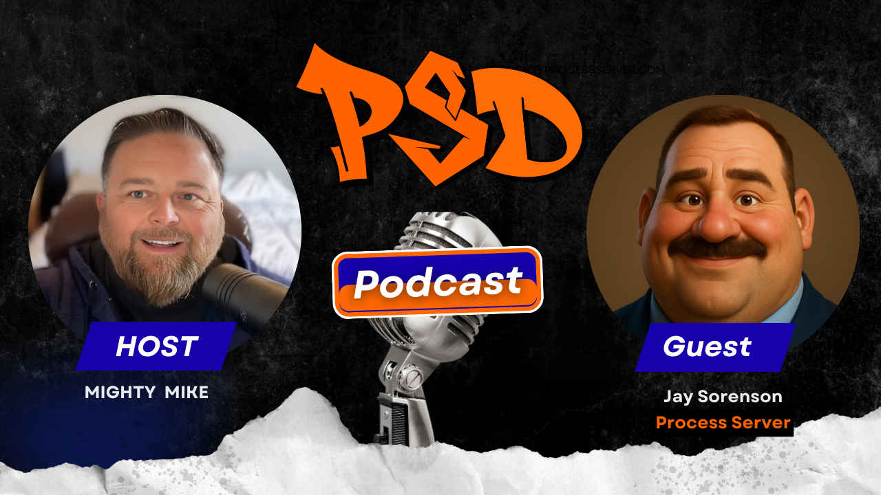 A man discussing who can be served legal documents. A person attempts service at a door.