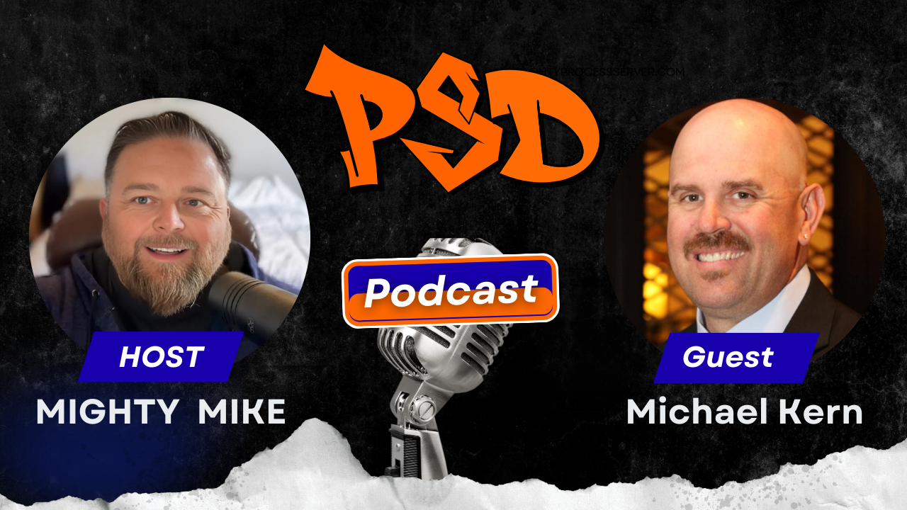 A man discussing who can be served legal documents. A person attempts service at a door.