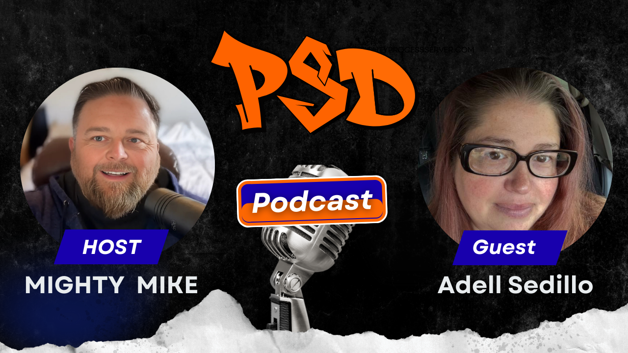 A man discussing who can be served legal documents. A person attempts service at a door.