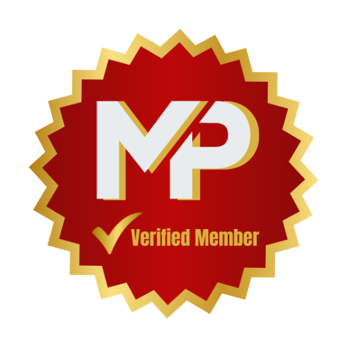 Red and gold starburst badge with 