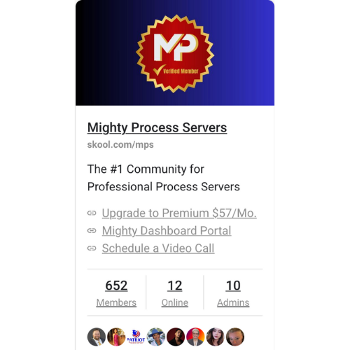 Mighty Process Servers' online community platform, with logo and membership details.