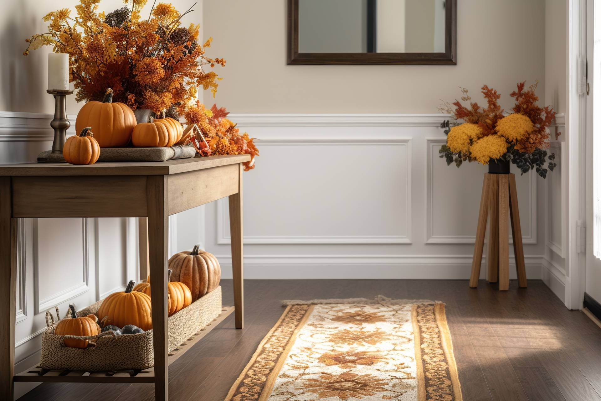Brightly lit home hallway decorated with pumpkins and other fall decor near San Diego, California