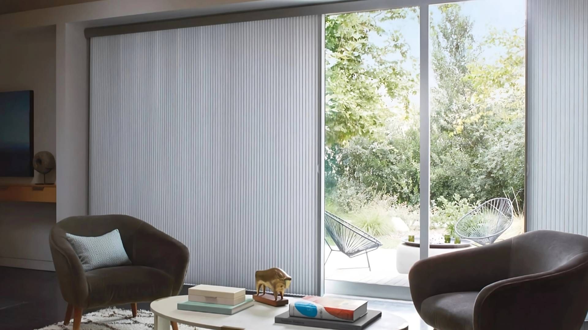 Hunter Douglas Duette® Cellular Shades for sliding glass doors in a living room overlooking a backya