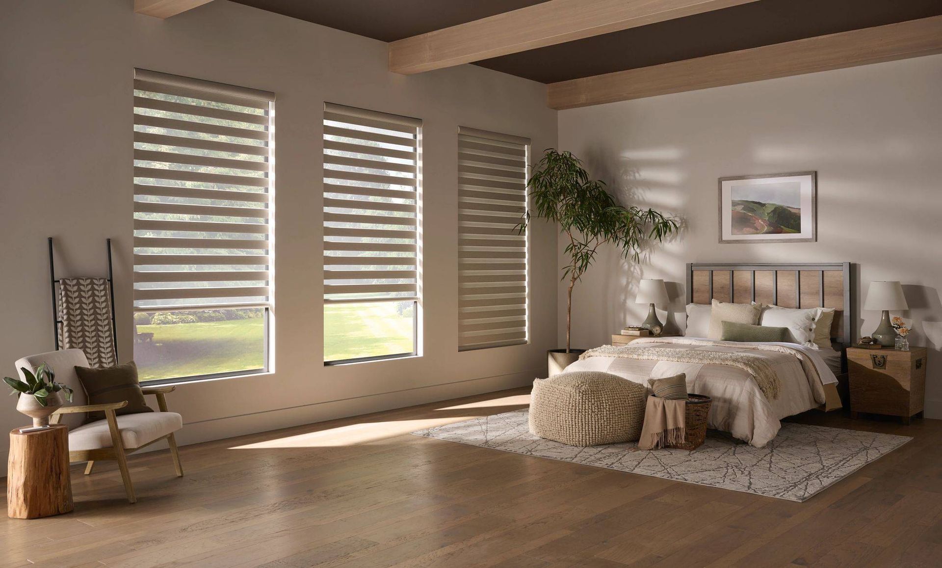 Banded shades as Alta window shadings on three tall windows in a chic bedroom at Harmony Blinds & Sh