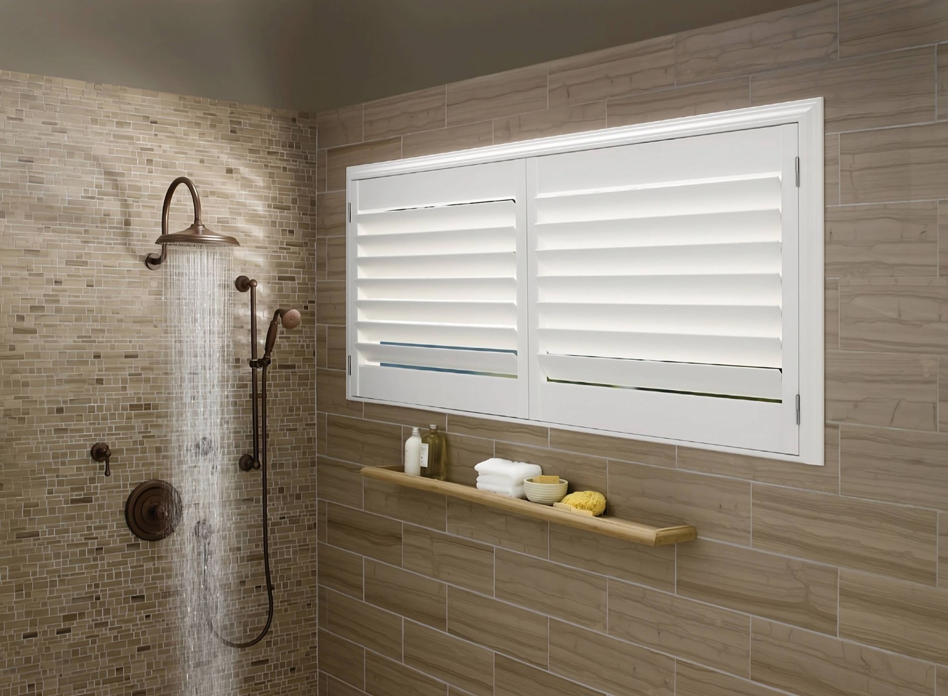 White Hunter Douglas bathroom shutters, in a closed position, inside a spacious and contemporary wal