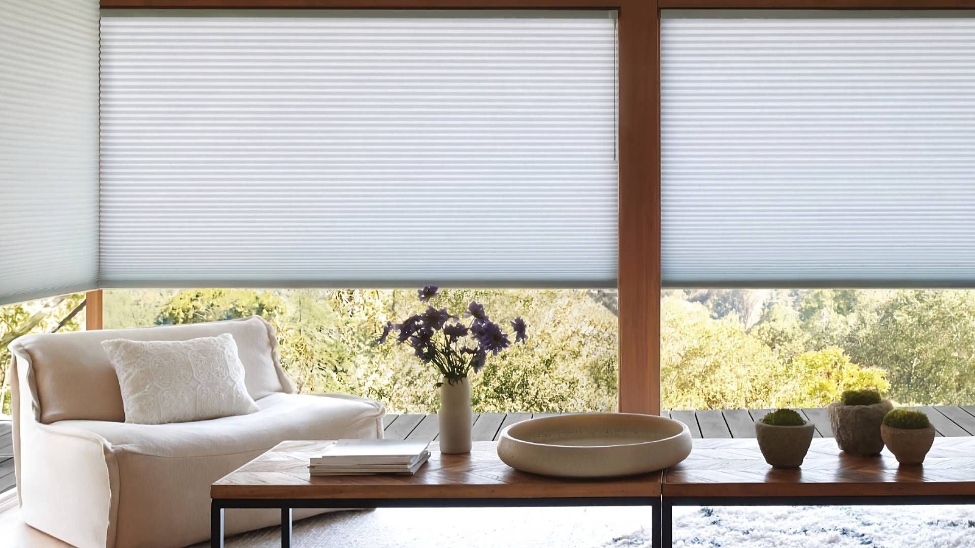 Hunter Douglas Duette® Cellular Shades are energy-efficient shades on a large living room window at 