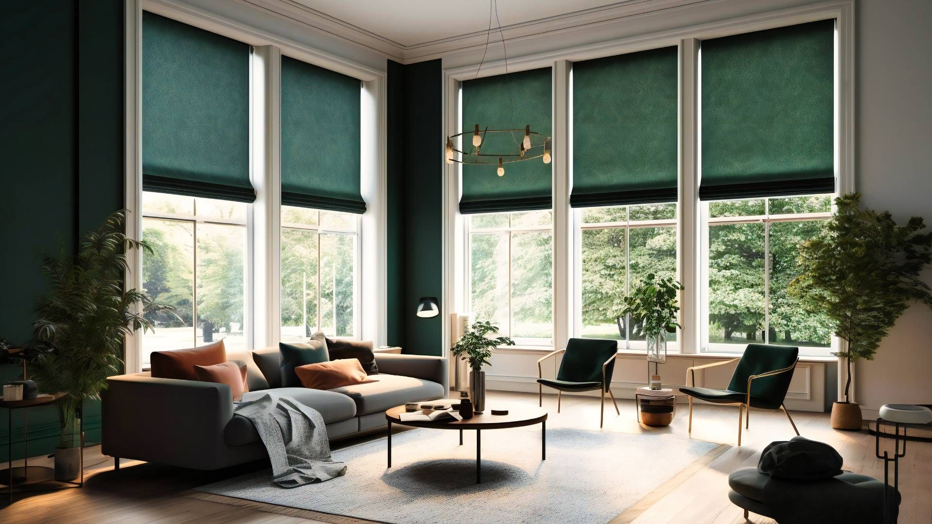 Simple living room with a green color scheme, several plants, and large windows with roller shades n