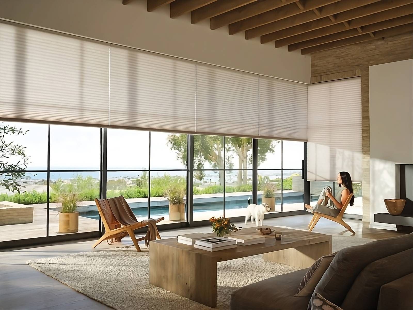 Hunter Douglas Duette® Cellular Shades, a sustainable window treatment, on large living room windows at Harmony Blinds & Shutters near San Diego, CA