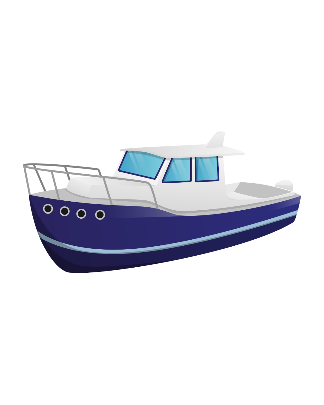 An aerial view of a white motorboat with a blue canvas top cruising through dark blue water, leaving a white wake behind.