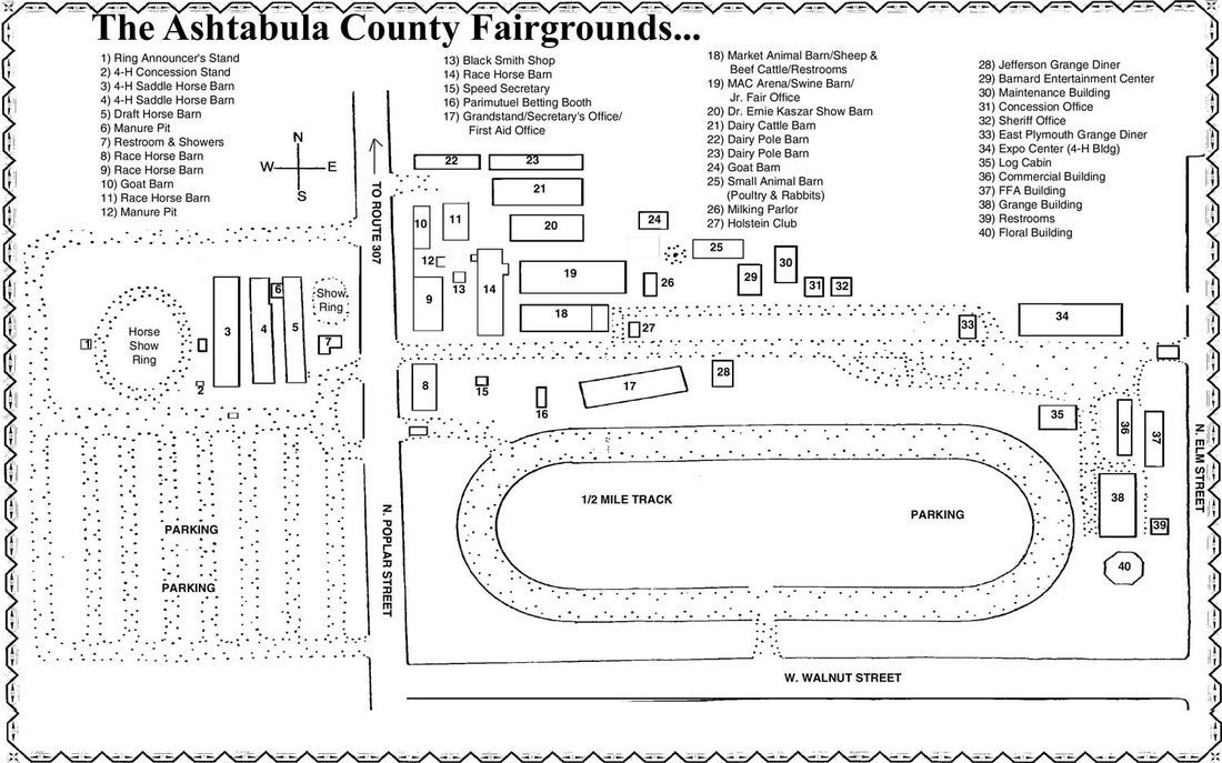 Black and white map of the Ashtabula County Fairgrounds, displaying numbered buildings and the track layout.