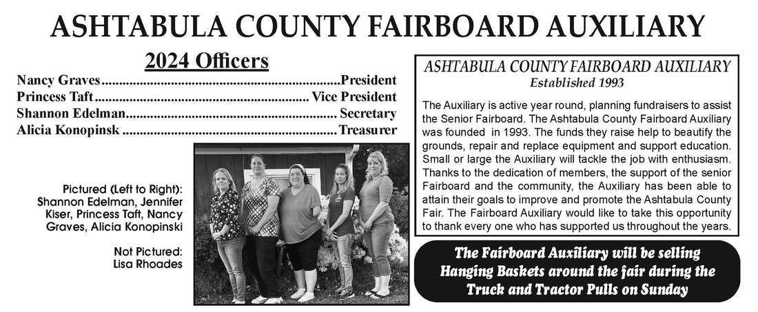 Announcement for the Ashtabula County Fairboard Auxiliary, listing 2024 officers, their mission, and a flower sale event.