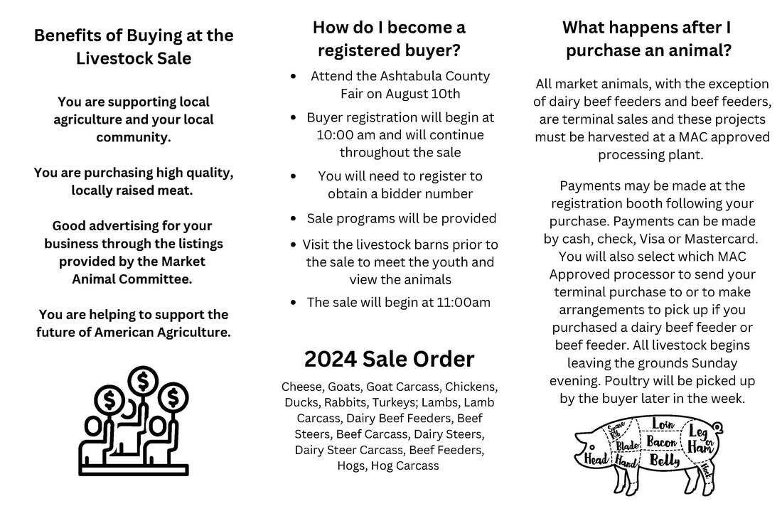 Informational brochure about a 2024 livestock sale, covering buyer registration, sale benefits, and post-purchase details.