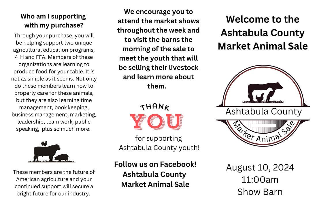 Brochure for the Ashtabula County Market Animal Sale on August 10, 2024, at 11:00 am in the Show Barn.