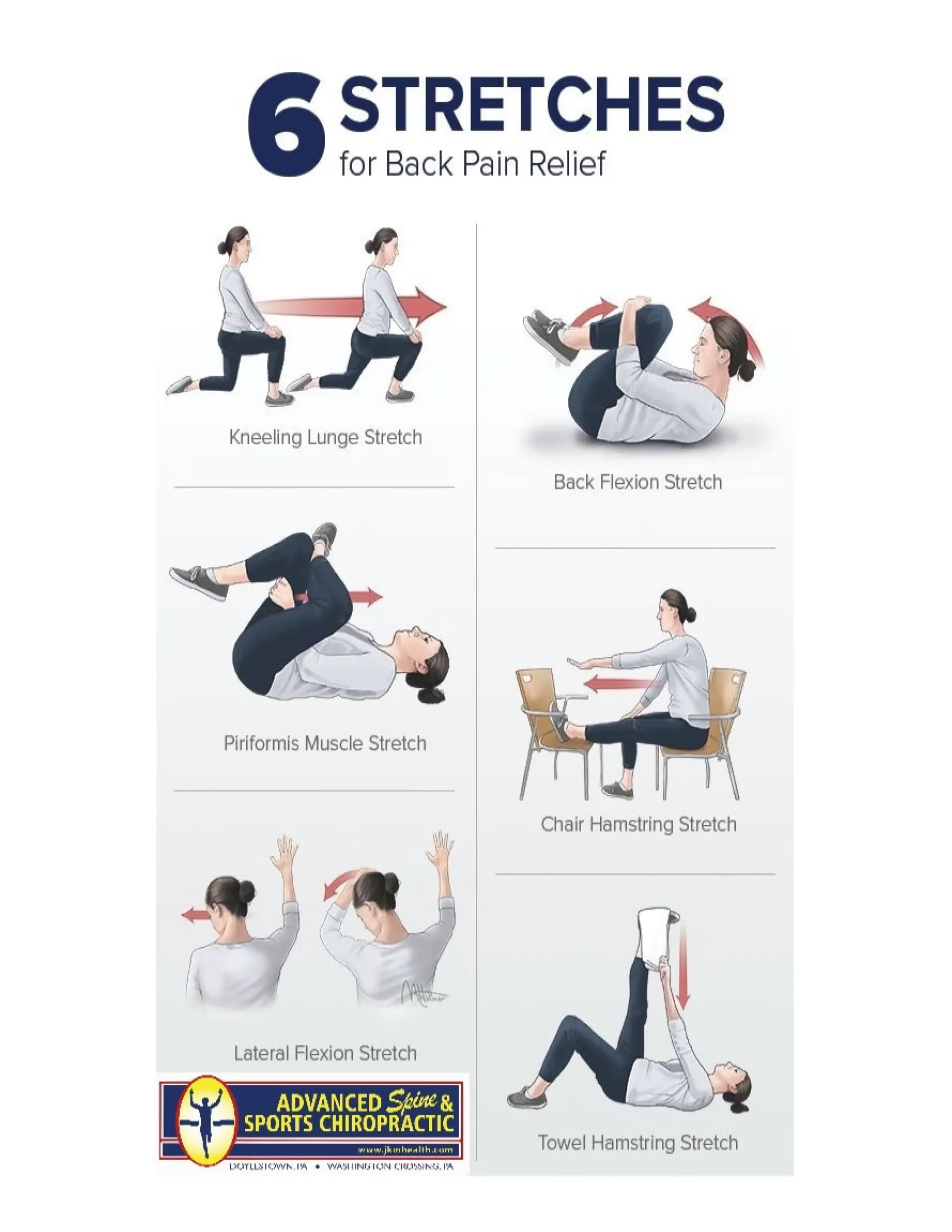 Six stretches for back pain relief, demonstrating exercises with a person.