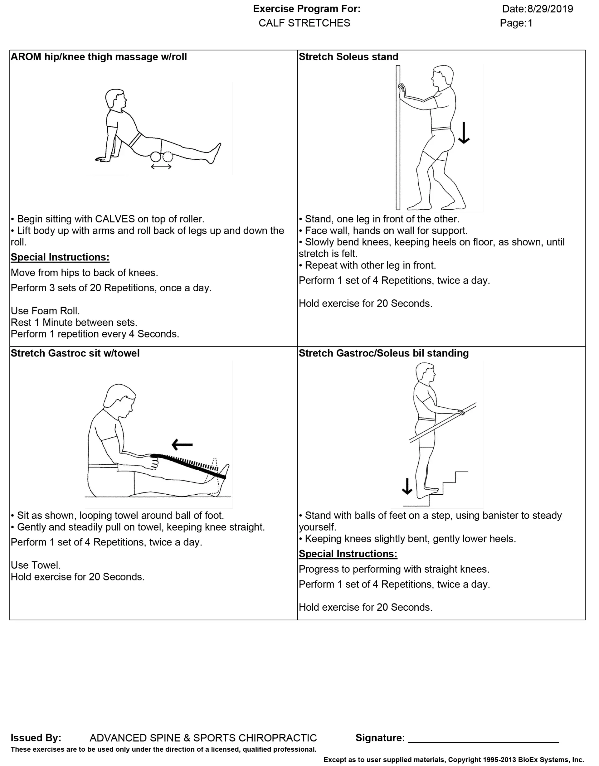 Exercise instructions: Stretching and strengthening exercises, diagrams of each.