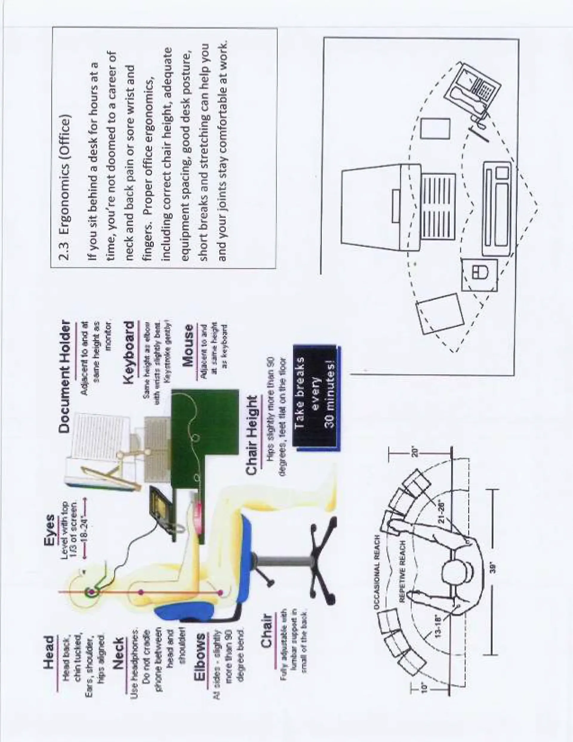 Diagram showing office ergonomics, including posture, equipment placement and desk layout.