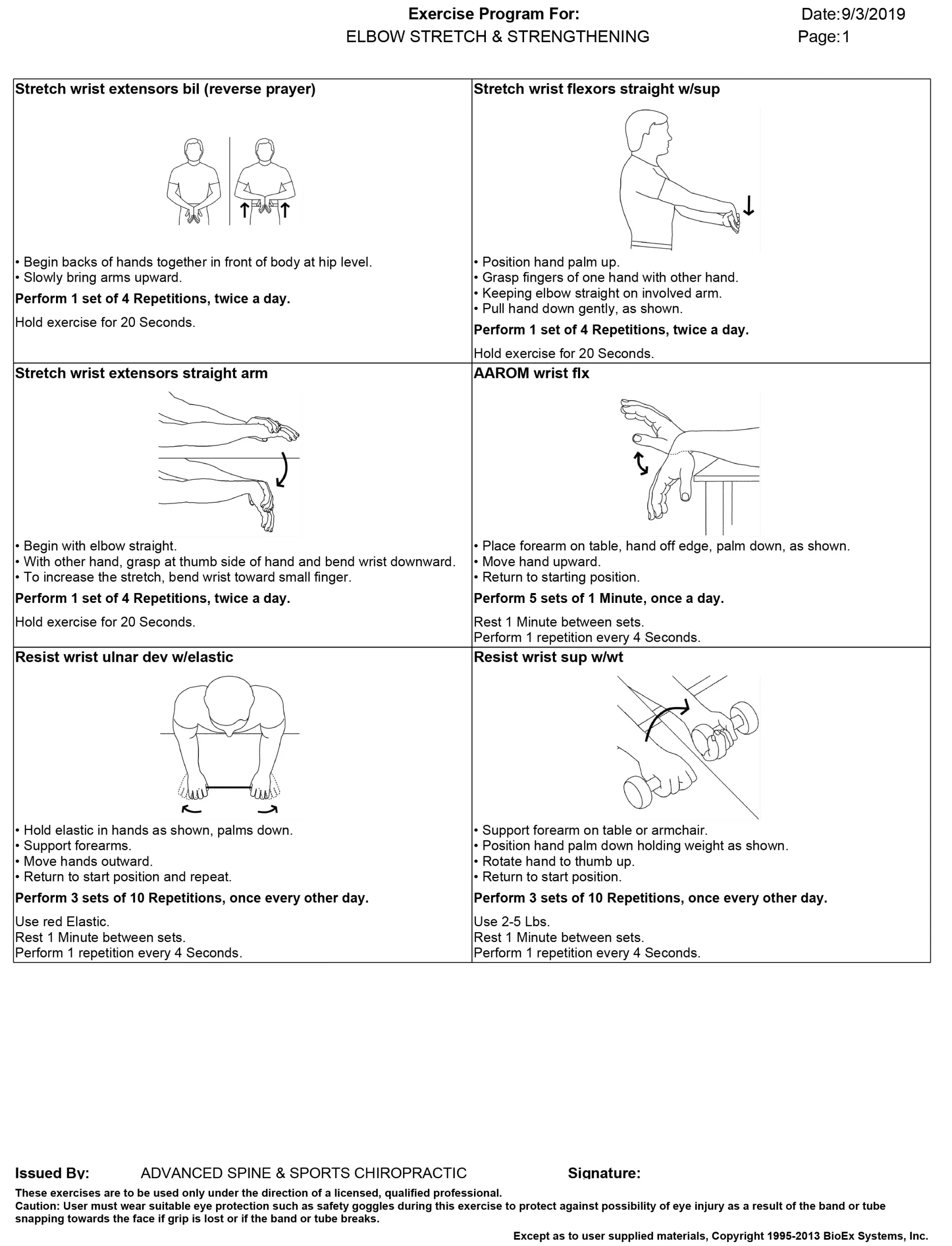 Diagram of exercises: upper body stretches and lower body movements for a program.