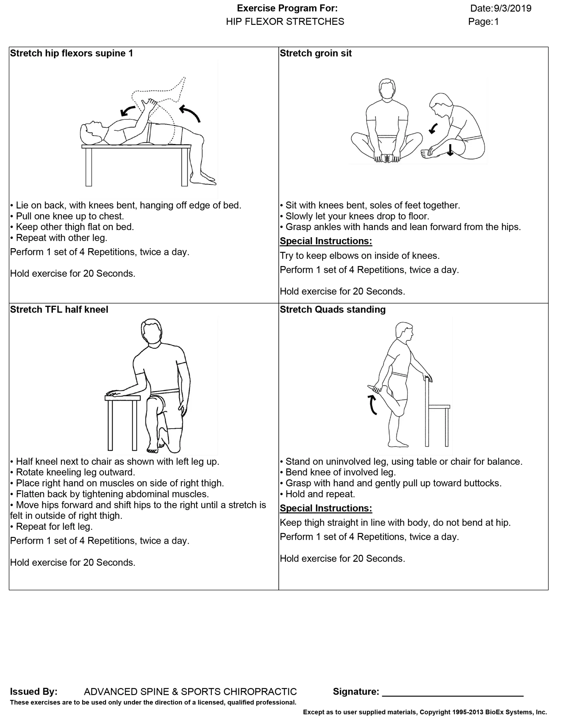 Exercise program with illustrated exercises and instructions.
