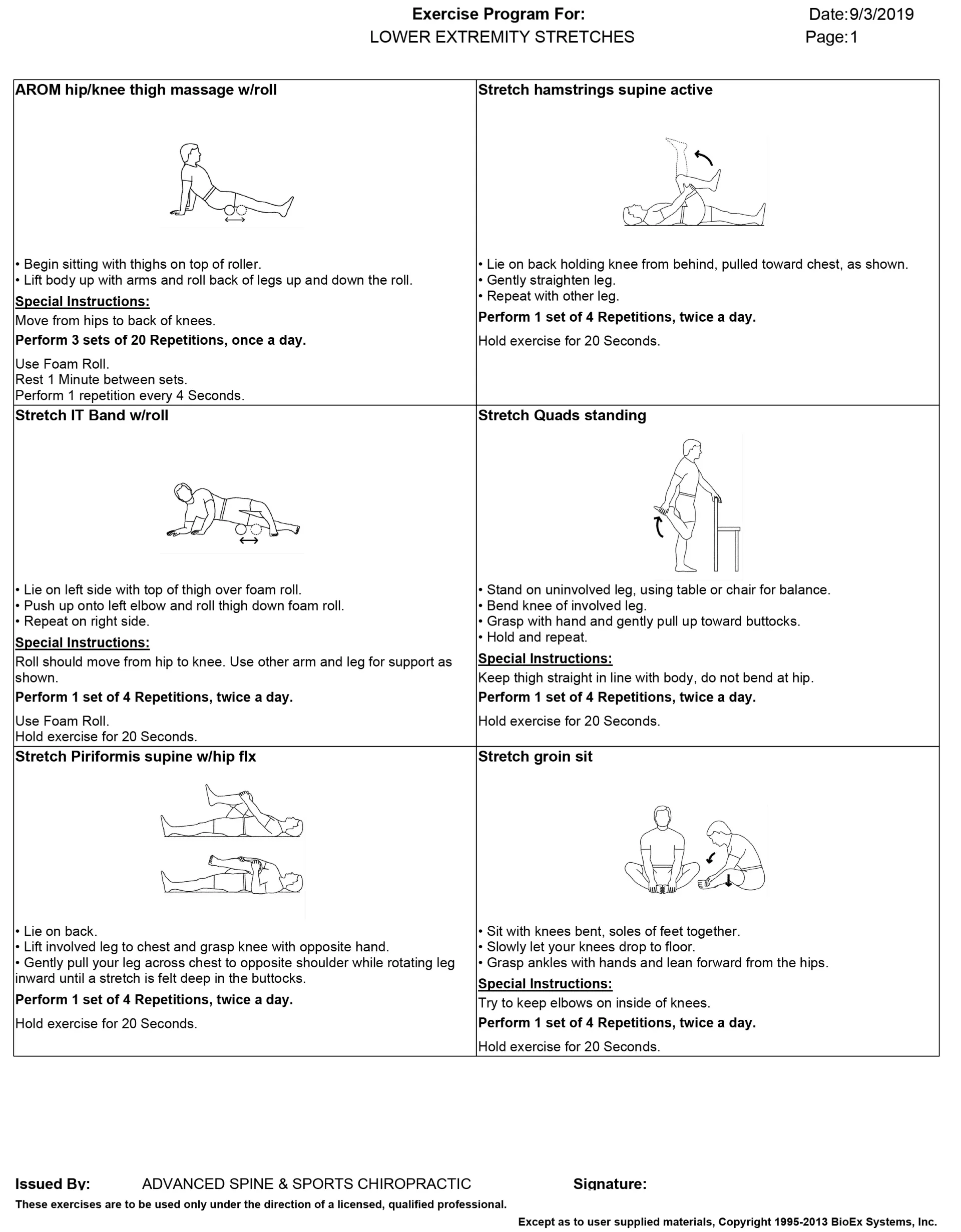 Exercise program sheet with illustrations showing various exercises.