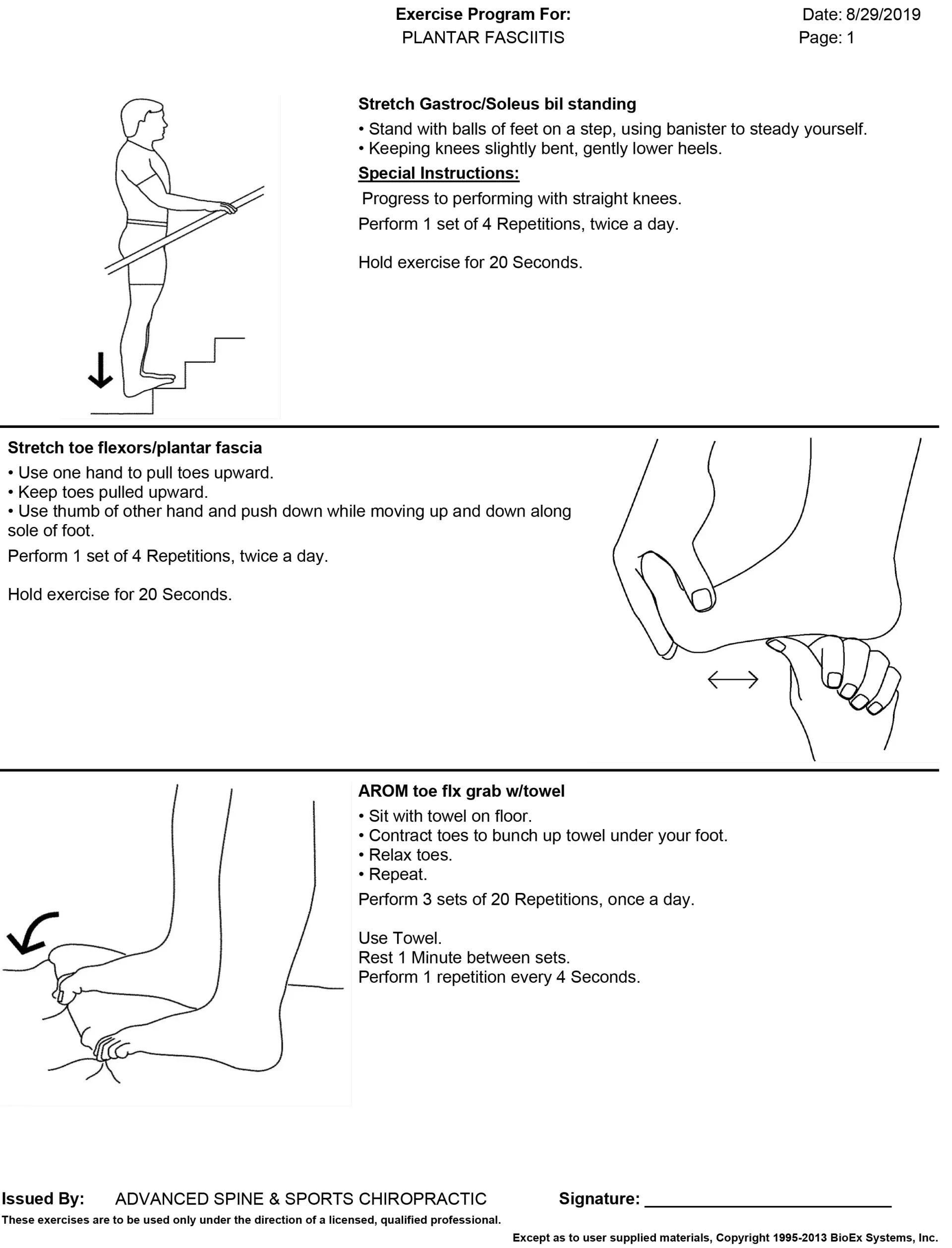 Physical therapy exercises guide: step exercise, toe stretch, and calf stretch with instructions and diagrams.