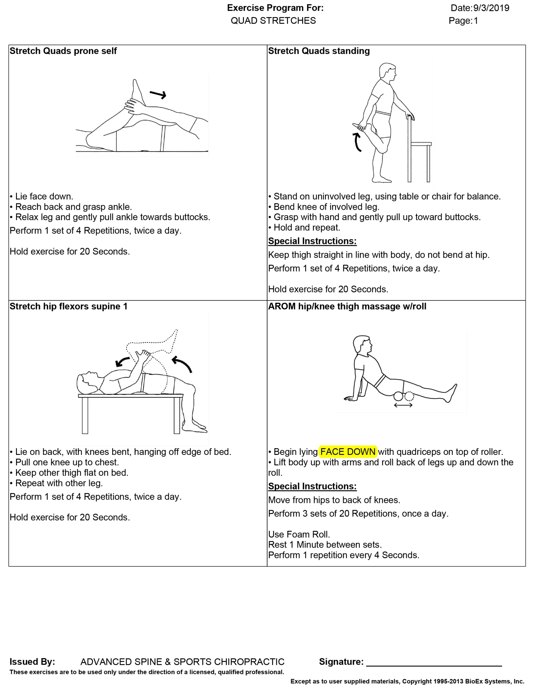 Exercise program guide with four illustrations demonstrating exercises.
