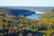 River flowing through a forest with autumn foliage. A bridge is in the distance.
