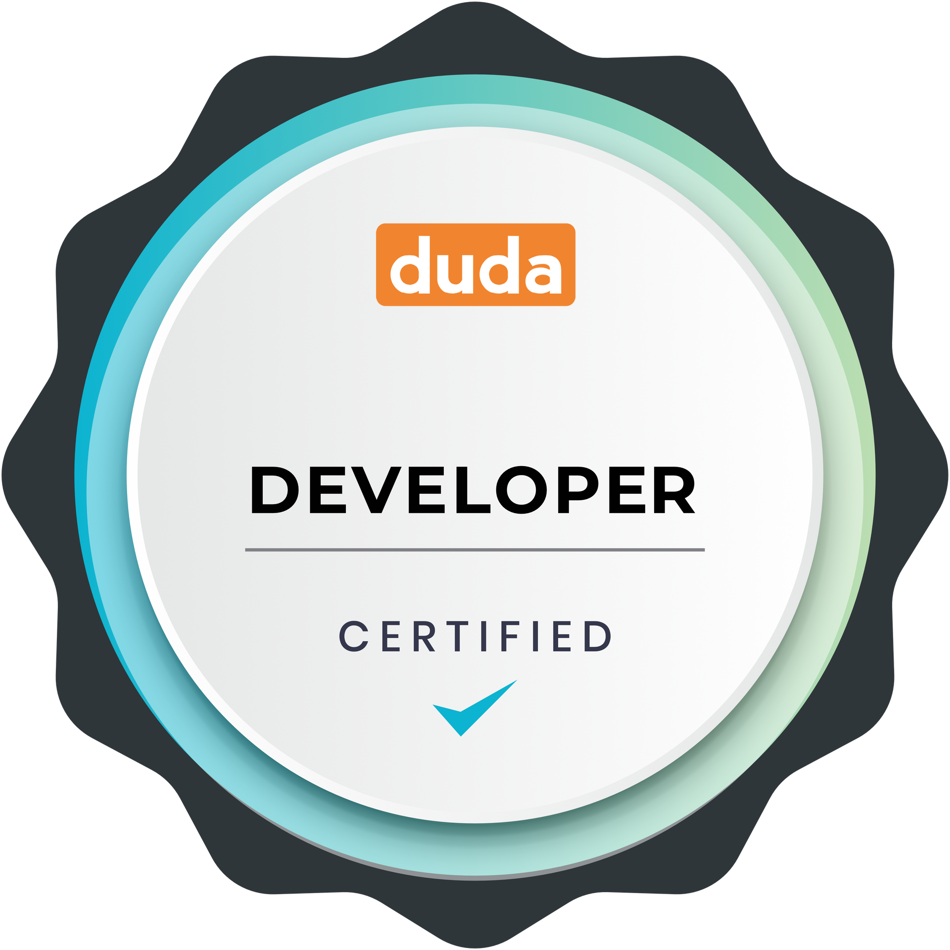 a badge that says Duda developer certified on it .